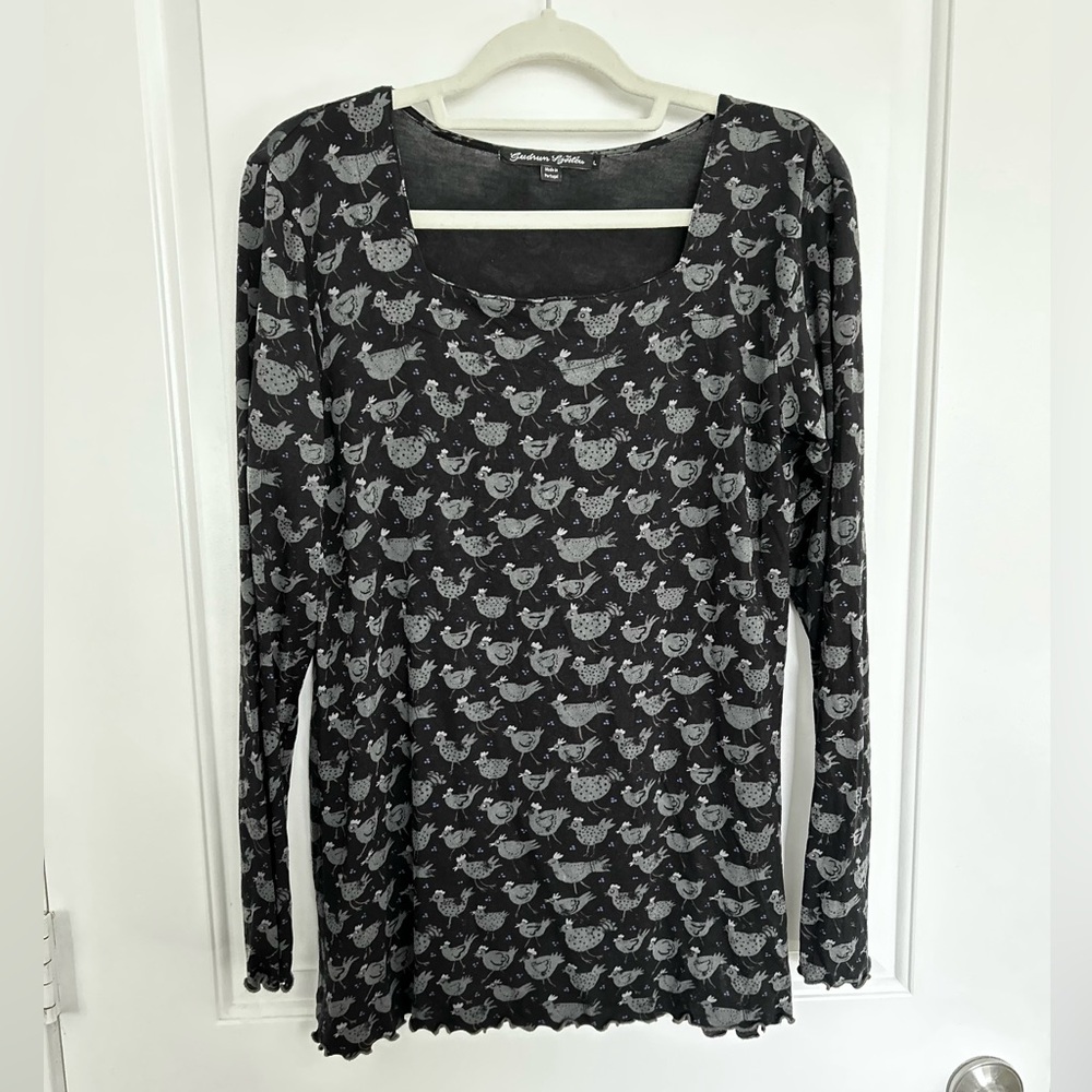 Gudrun Sjoden Birds Long Sleeve Pullover Top 94% Modal Boho Lettuce Edge